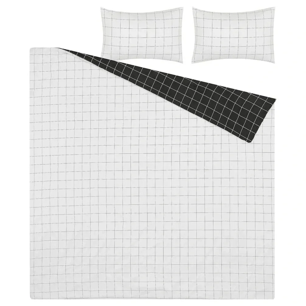 Ikea VITKLOVER Full/Queen Duvet Cover w/2 Pillowcases Bed Set White/Black Check
